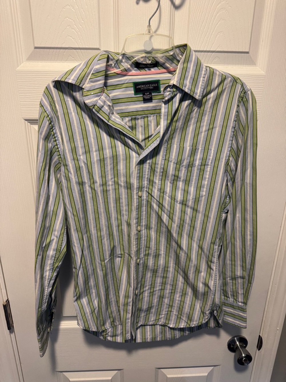 American Eagle Outfitters Men’s Green & White Striped Button-Down Shirt